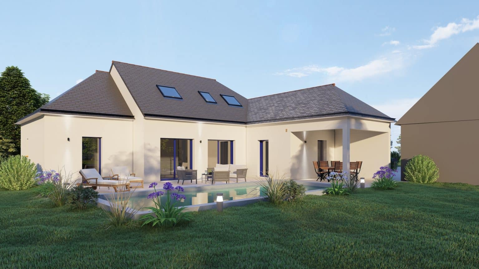 Vue panoramique de l’arrière de la maison plain-pied à Pontivy, avec jardin paysagé, terrasse et piscine intégrée pour un espace de vie extérieur idéal.